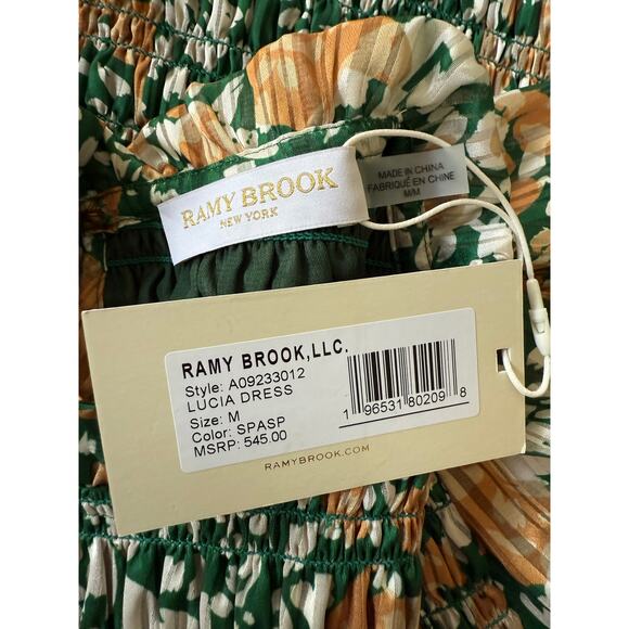 Ramy Brook NWT Lucia Green Floral Smocked Stretch Puff Sleeve Mini Dress Medium - Picture 12 of 14